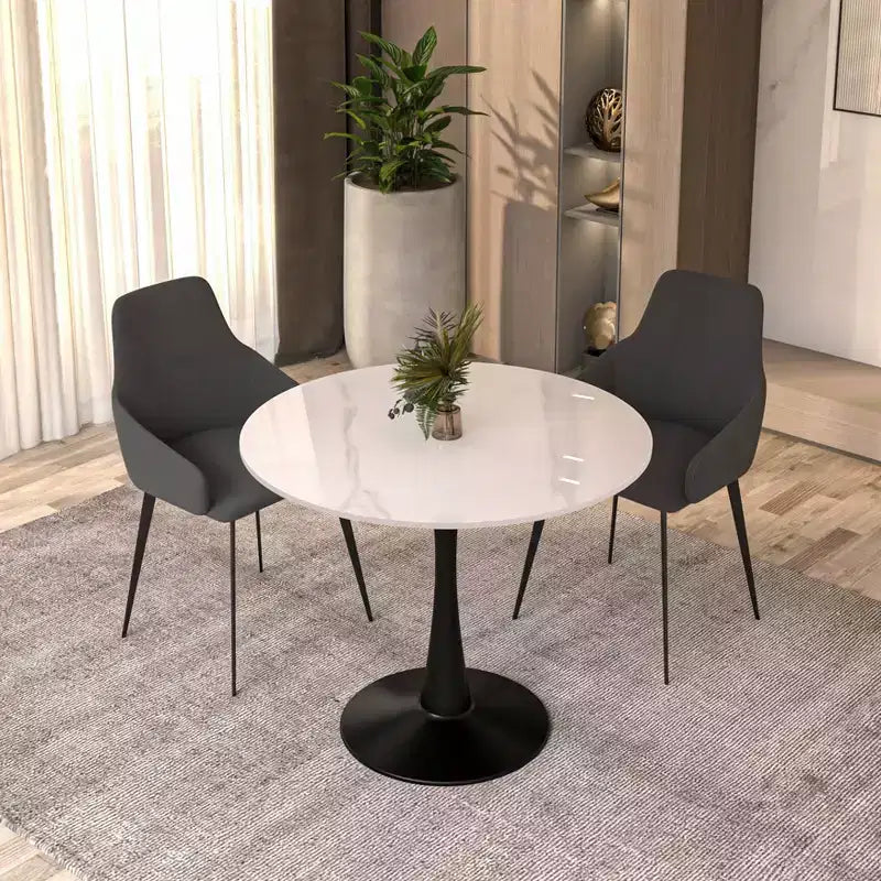 Mesa de comedor redonda de 31" con tapa de piedra sinterizada, base de pedestal de acero negro, mesa auxiliar de café para cocina y espacios pequeños