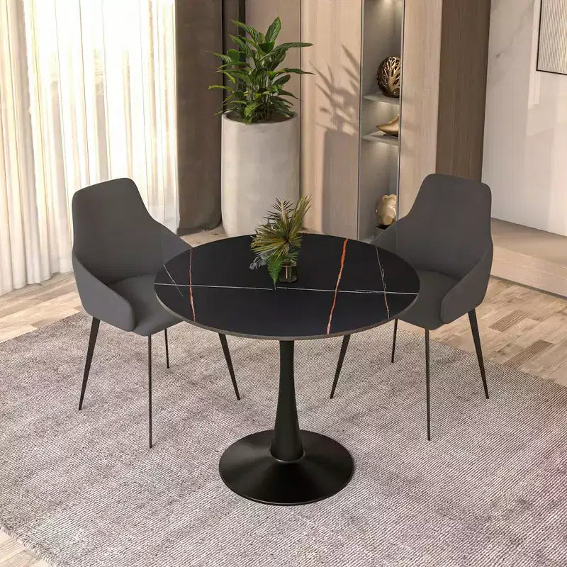 Mesa de comedor redonda de 31" con tapa de piedra sinterizada, base de pedestal de acero negro, mesa auxiliar de café para cocina y espacios pequeños