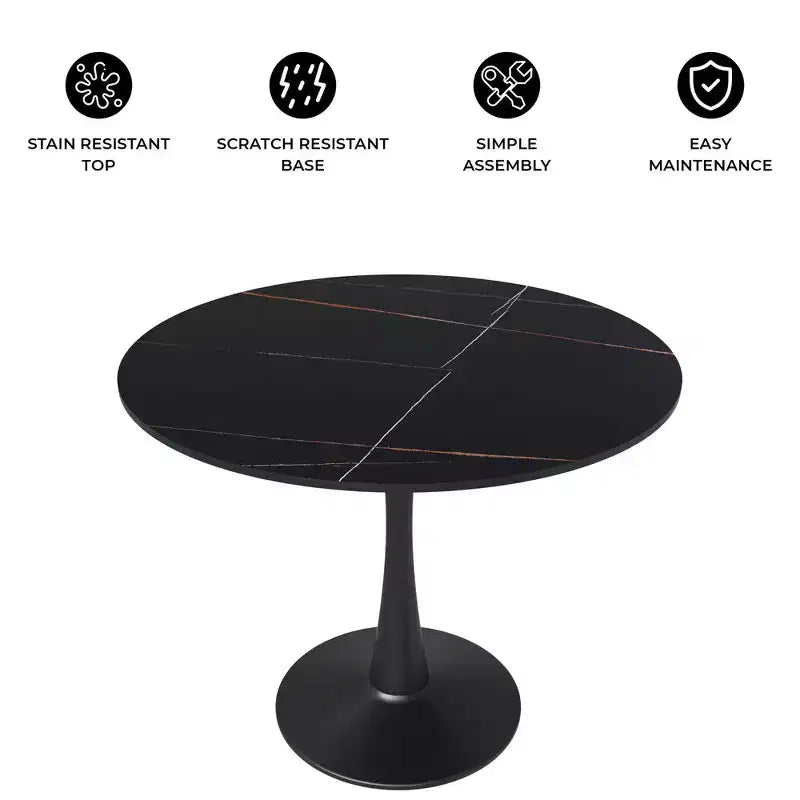 Mesa de comedor redonda de 31" con tapa de piedra sinterizada, base de pedestal de acero negro, mesa auxiliar de café para cocina y espacios pequeños