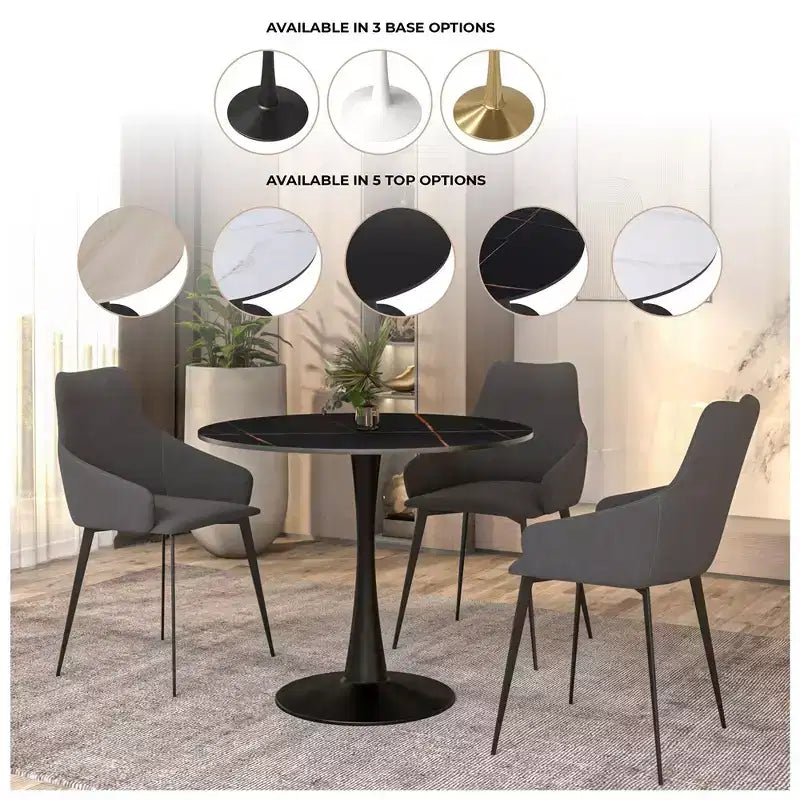 Mesa de comedor redonda de 31" con tapa de piedra sinterizada, base de pedestal de acero negro, mesa auxiliar de café para cocina y espacios pequeños