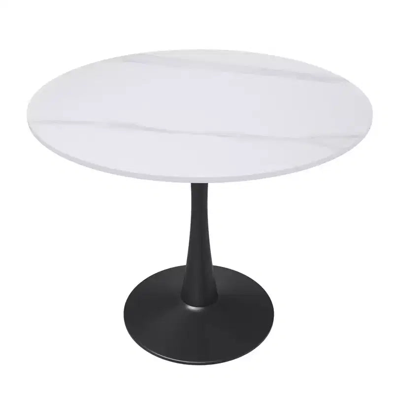 Mesa de comedor redonda de 31" con tapa de piedra sinterizada, base de pedestal de acero negro, mesa auxiliar de café para cocina y espacios pequeños
