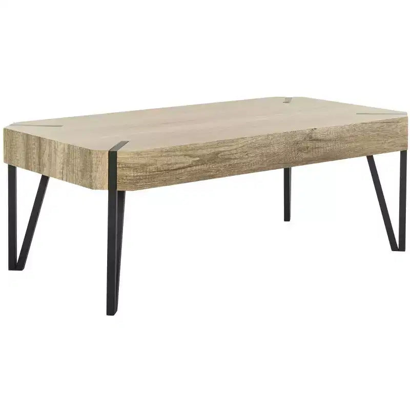 Mesa de centro rústica con superficie de madera estilo Mid-Century y patas de horquilla