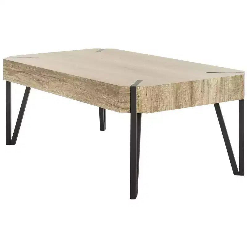 Mesa de centro rústica con superficie de madera estilo Mid-Century y patas de horquilla