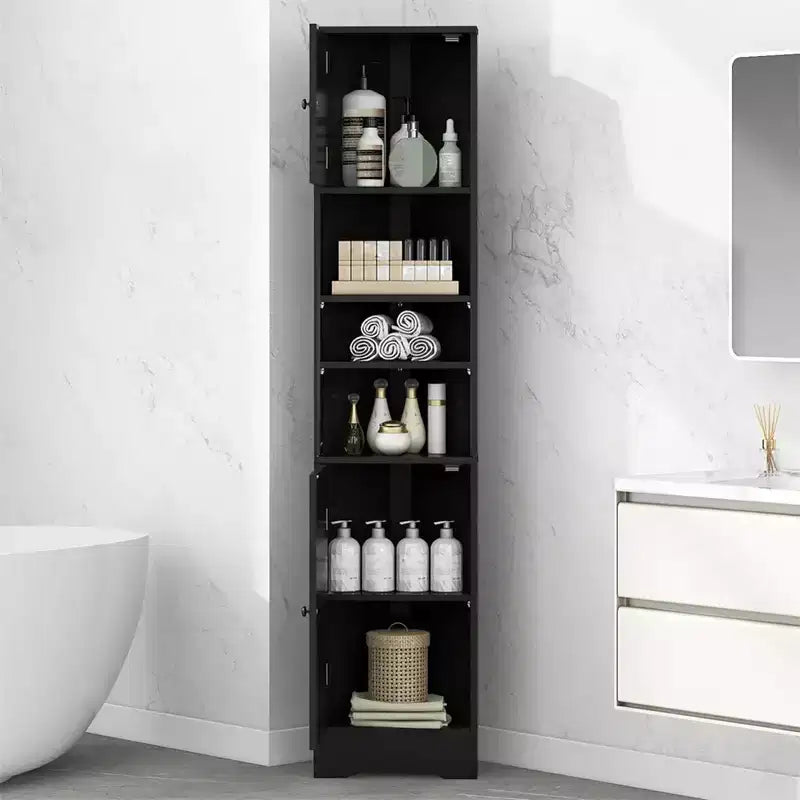 Mueble esquinero alto para baño de 67", gabinete de piso independiente con estantes ajustables, organizador de gabinete estrecho para baño, cocina, sala de estar