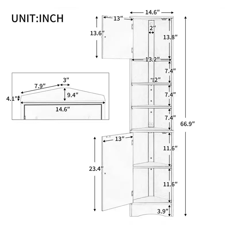 Mueble esquinero alto para baño de 67", gabinete de piso independiente con estantes ajustables, organizador de gabinete estrecho para baño, cocina, sala de estar