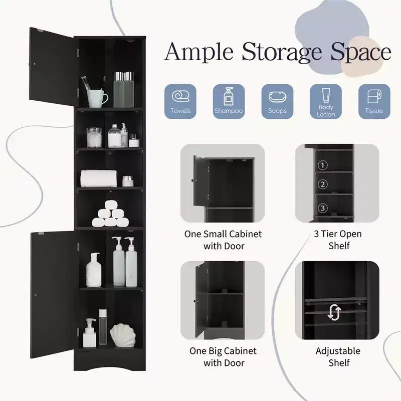 Mueble esquinero alto para baño de 67", gabinete de piso independiente con estantes ajustables, organizador de gabinete estrecho para baño, cocina, sala de estar